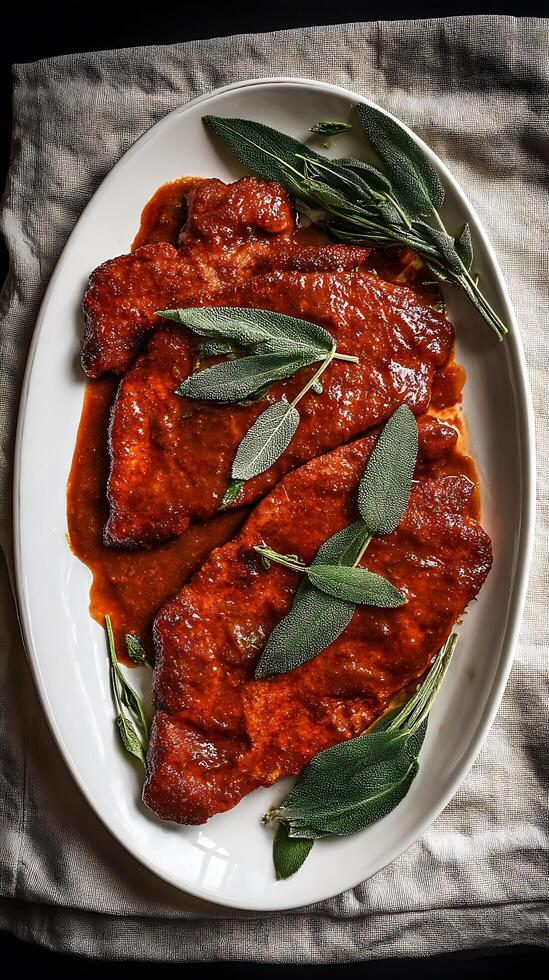 Delicious Chicken Scaloppine with Sage Brown Butter Sauce, Overhead Shot. photo