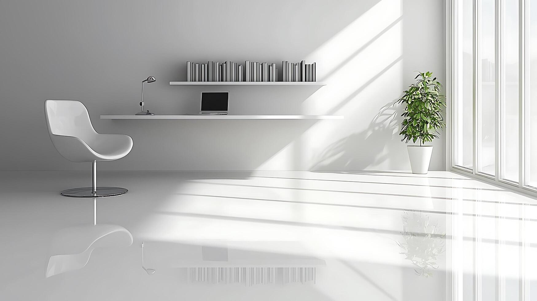 Minimalist Home Office Workspace Sunlit Modern Interior Design. photo