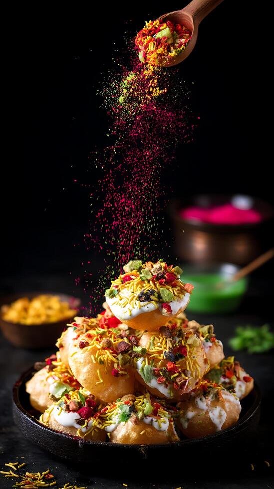 Close Up of Dahi Puri, a Popular Indian Street Food, with Spices Falling. photo