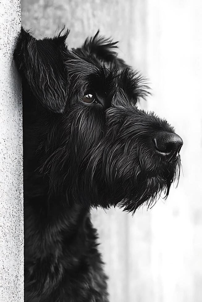 A Black Miniature Schnauzer Dog's Profile, Pensive Gaze. A monochrome image showcasing the dog's textured fur and expressive eyes. photo
