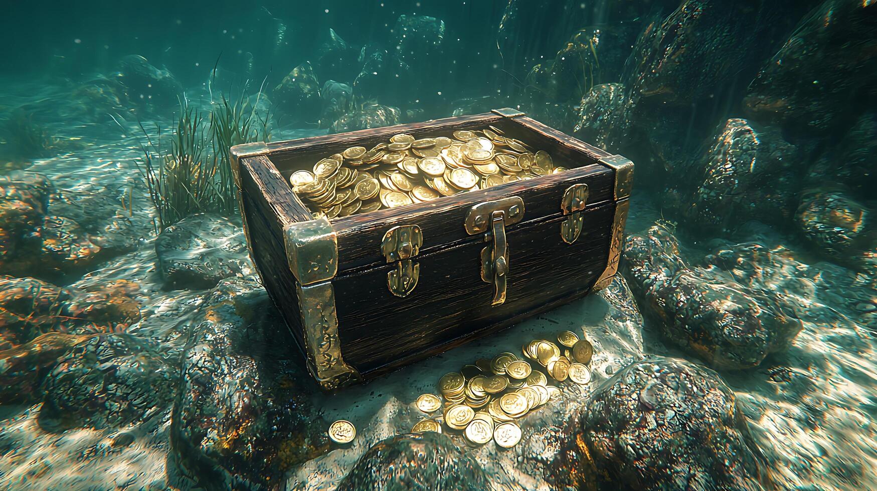 Sunken Treasure Chest Filled with Gold Coins on Ocean Floor. An underwater scene depicting a wooden chest overflowing with gold. photo