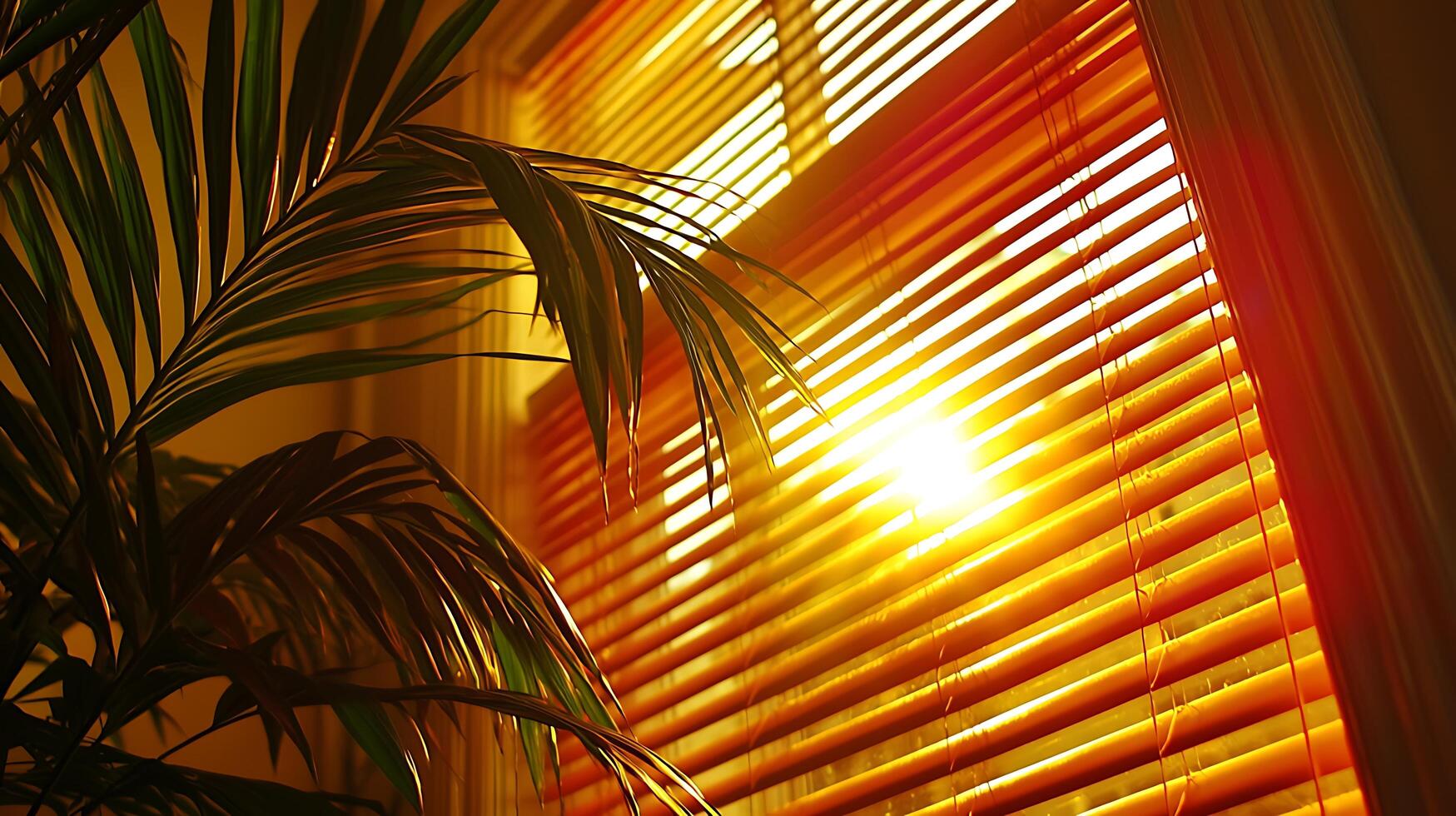 Golden Hour Sunlight Streaming Through Window Blinds and Palm Leaves. photo