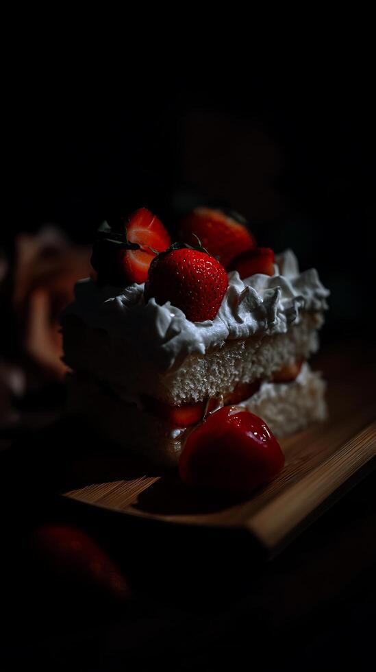 Delicious Strawberry Shortcake Slice Close Up of a Creamy Dessert. photo