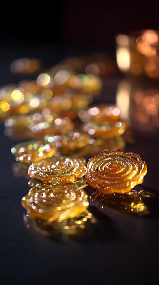 Close up of Golden Rose Shaped Sweets on Dark Background. A delicious and visually appealing image perfect for food blogs, cookbooks, and culinary websites. photo
