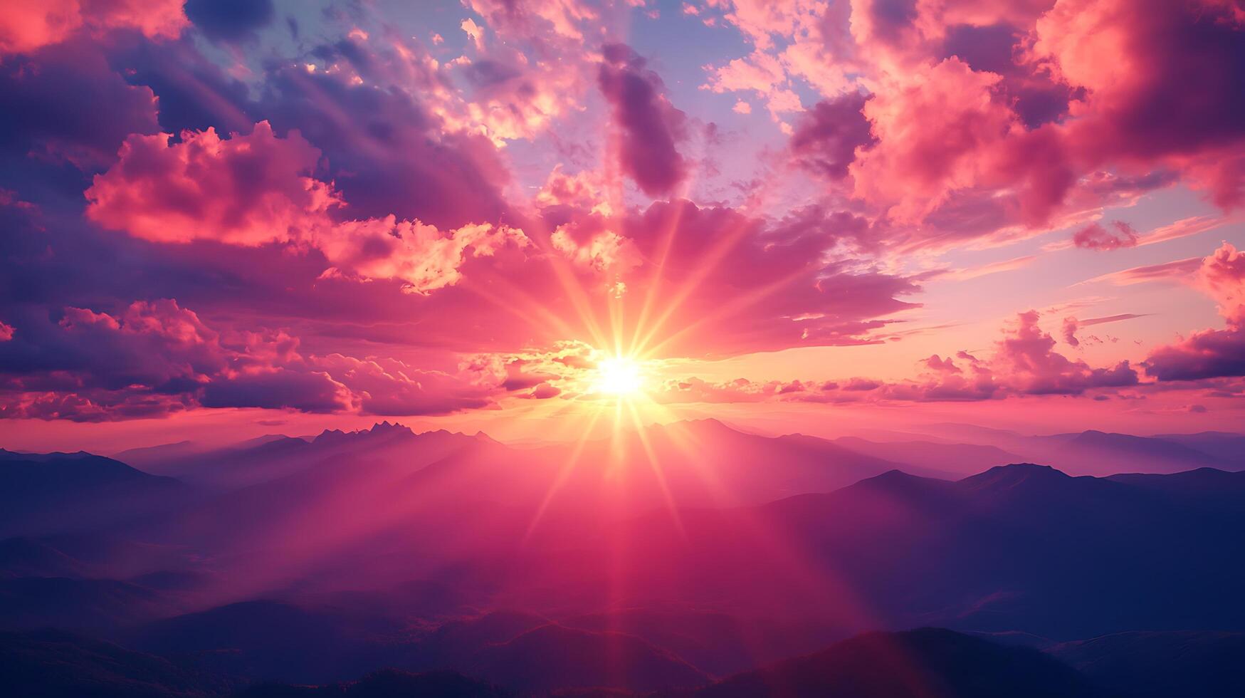 Majestic Sunset Over Mountain Range Vibrant Pink and Purple Sky. photo