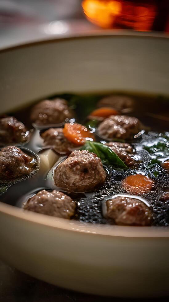 Close up of Delicious Meatball Soup with Carrots and Greens. photo