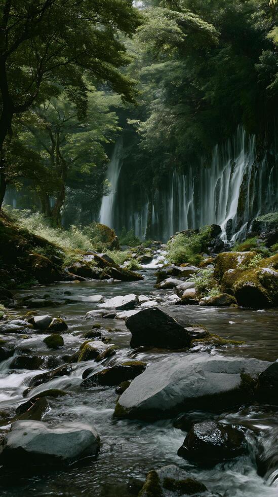 Serene Waterfall Cascading Through Lush Green Forest. A tranquil scene of nature's beauty. photo
