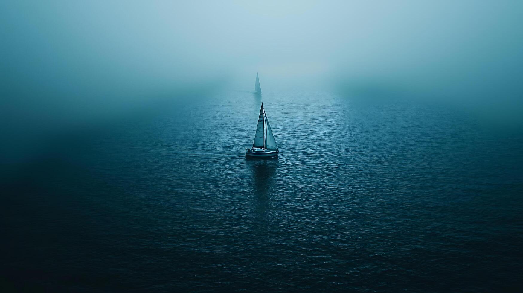 Solitary Sailboats on a Misty Ocean A Serene Seascape. photo