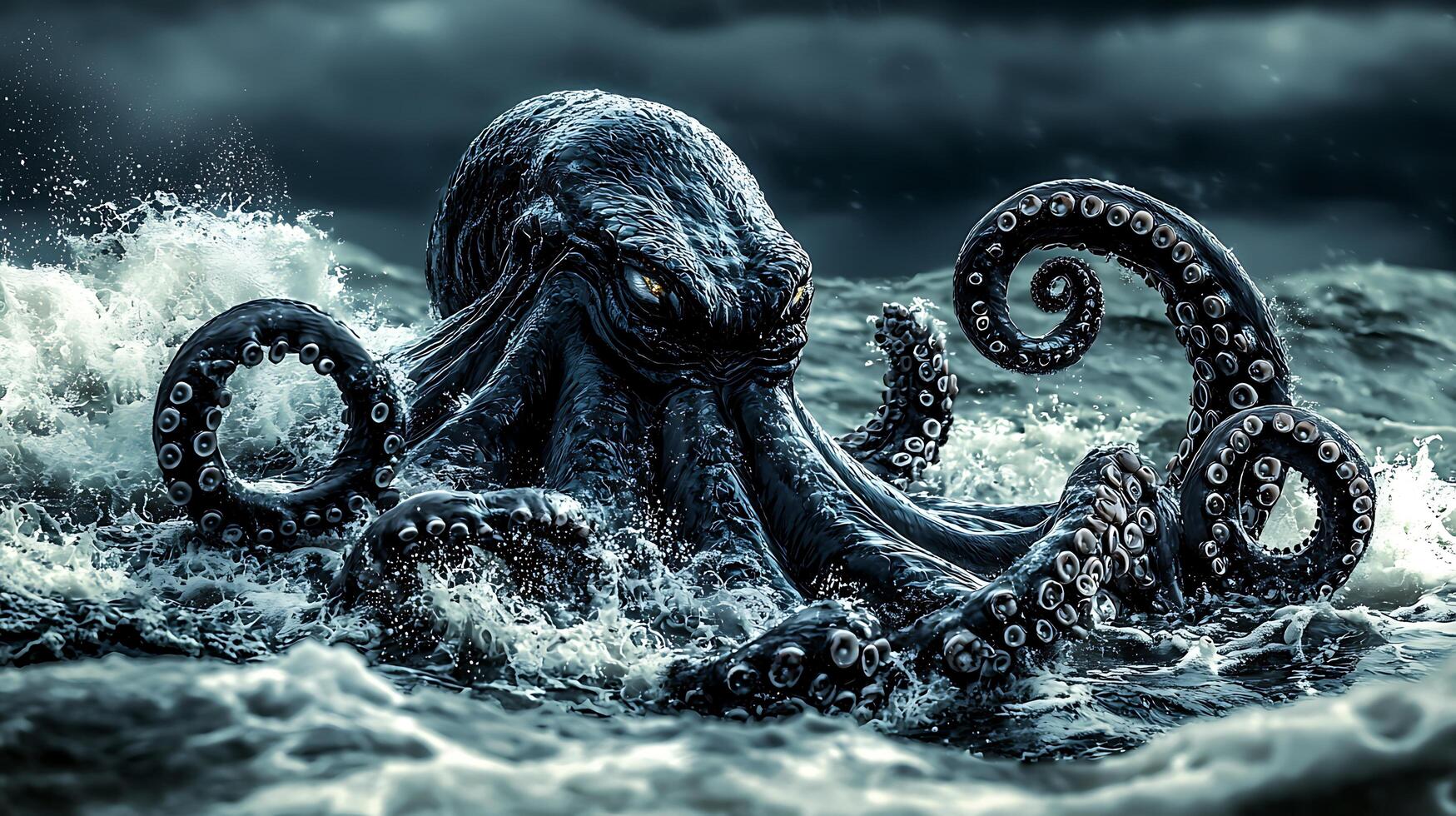A Gigantic Kraken Emerges from the Stormy Sea. A dramatic illustration of a mythical sea monster rising from the waves. photo