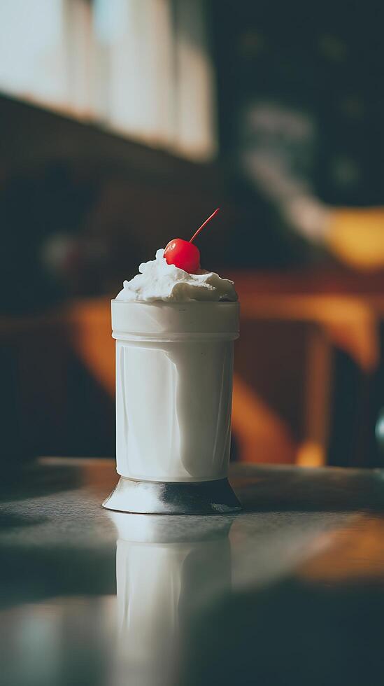 Creamy milkshake with whipped cream and cherry garnish in a vintage glass. photo