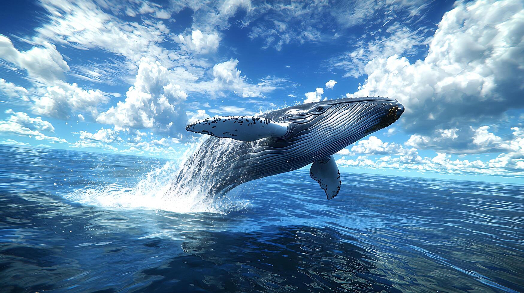 Humpback Whale Breaching in Ocean, Dramatic Sky Background. A majestic humpback whale leaps from the deep blue ocean under a vibrant sky filled with fluffy white clouds. photo