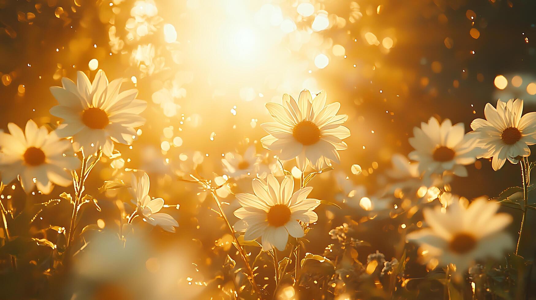 Golden Hour Daisies A Field of White Flowers Bathed in Warm Sunlight. photo