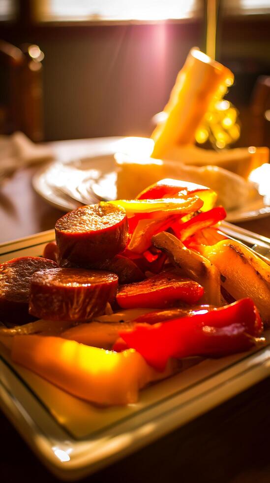 Close up of Grilled Sausage and Peppers on a Plate, Illuminated by Warm Sunlight. photo