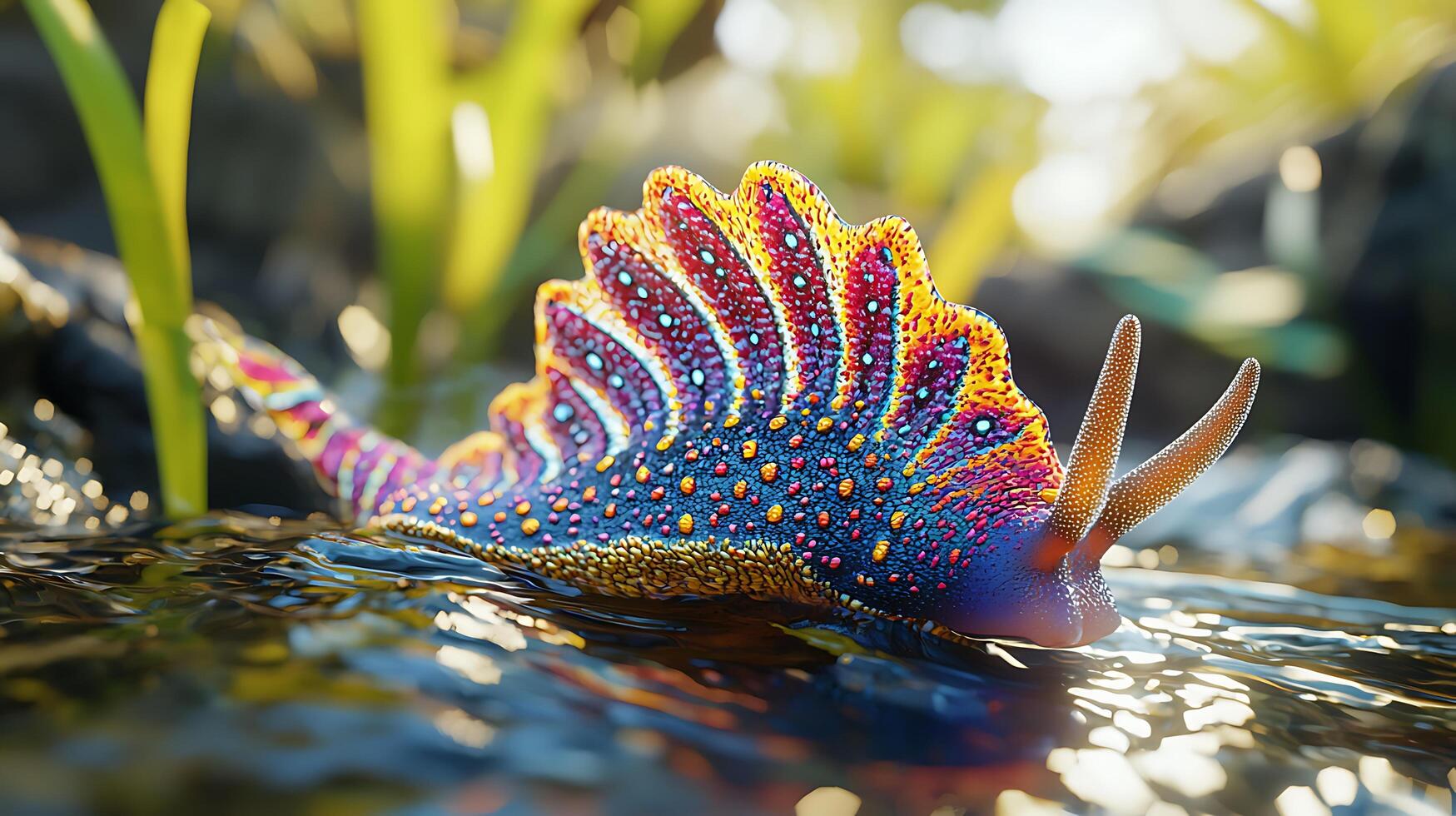 Vibrant Aquatic Creature in a Sunlit Stream. This fantastical image showcases a colorful, detailed creature in its natural habitat. photo