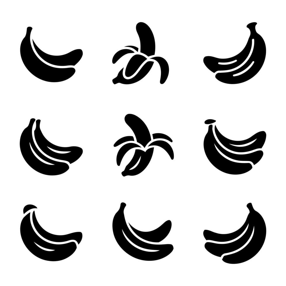 Collection of black banana icons and symbols on a white background vector