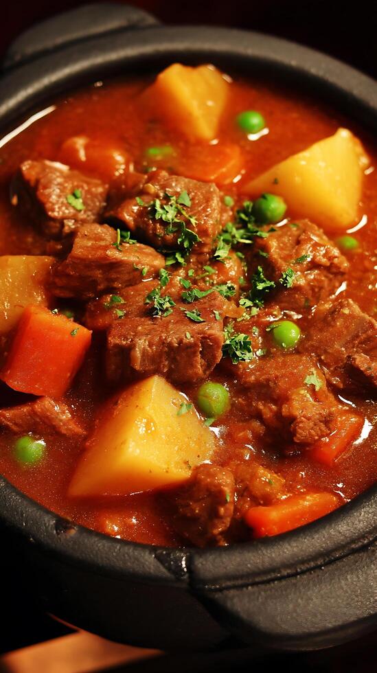 Close Up of Delicious Beef Stew in a Rustic Pot. photo