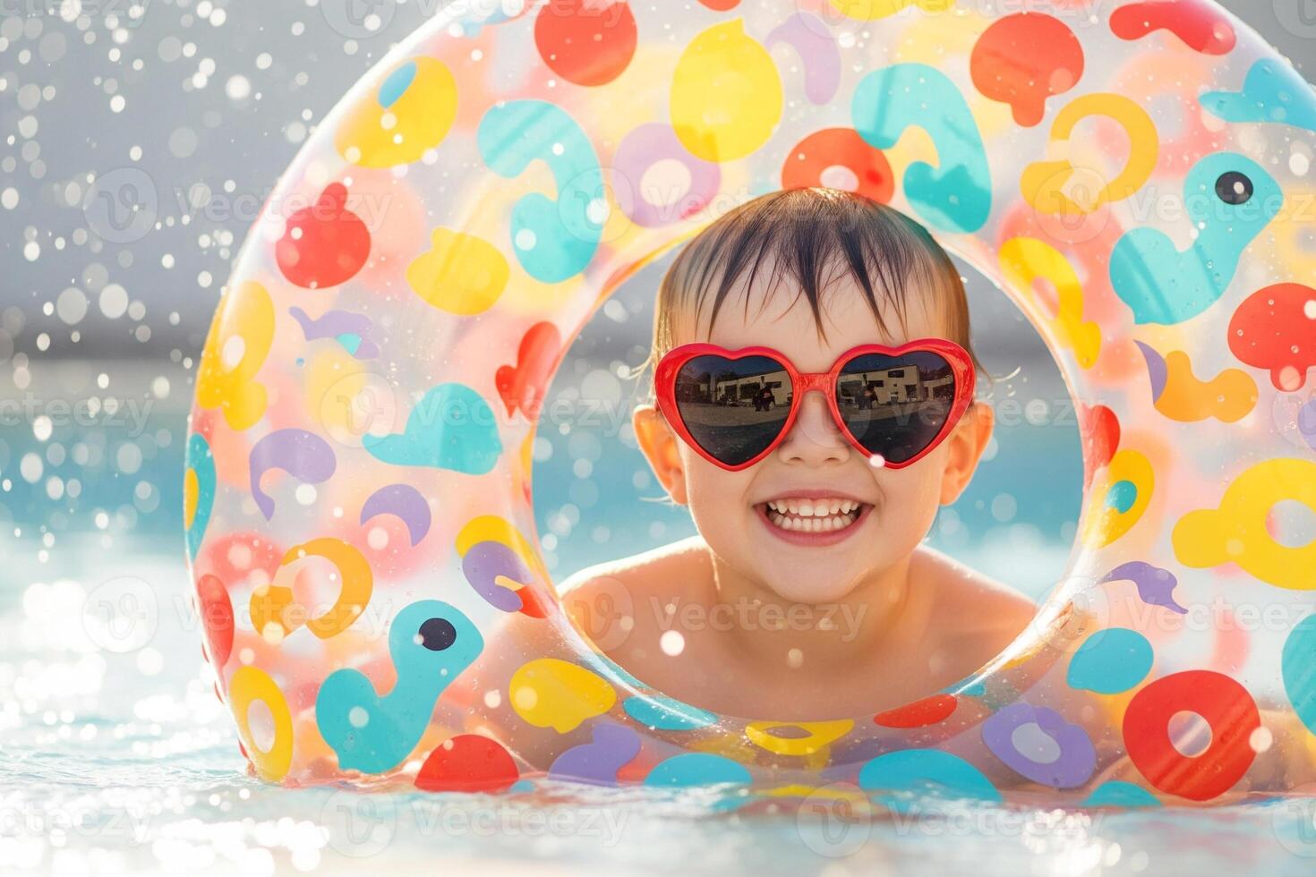 Joyful Child In Heart Sunglasses Floating In Pool With Colorful Inflatable Ring photo
