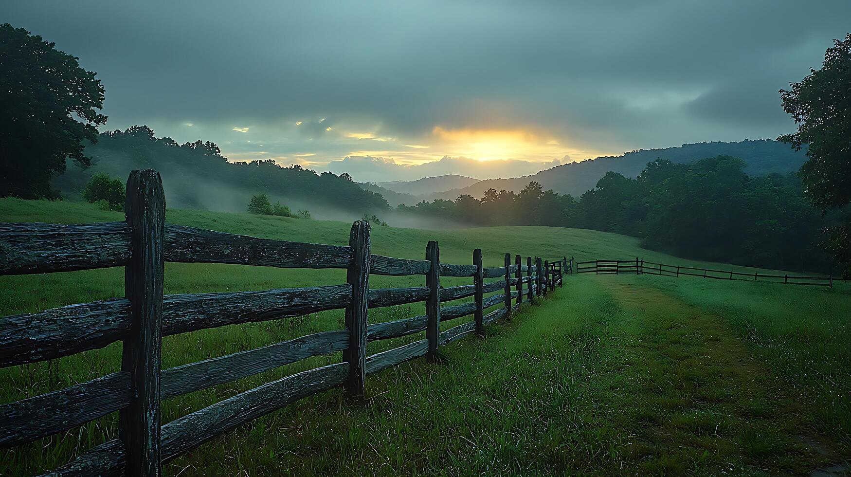 Serene Sunrise over Misty Mountain Pasture with Rustic Fence. A picturesque landscape photograph capturing the tranquil beauty of a rural morning. photo