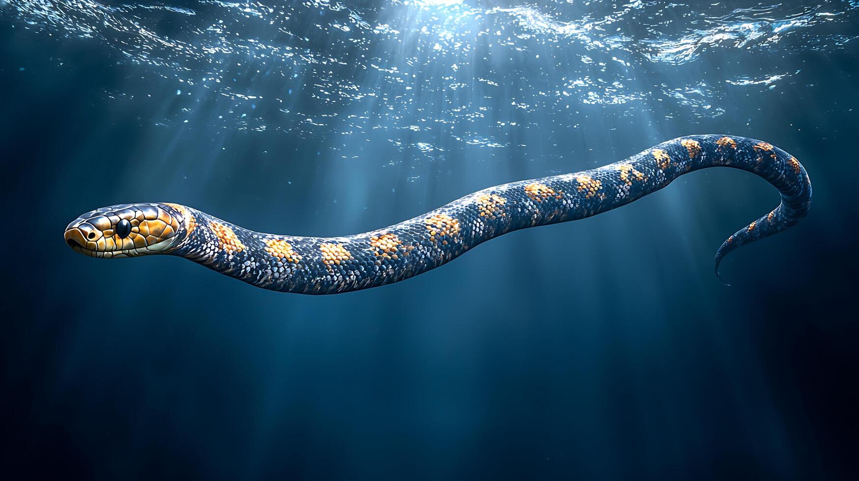 Aquatic Serpent An Elegant Underwater Snake Image. A digitally created image of a snake gracefully swimming underwater, bathed in sunlight. photo