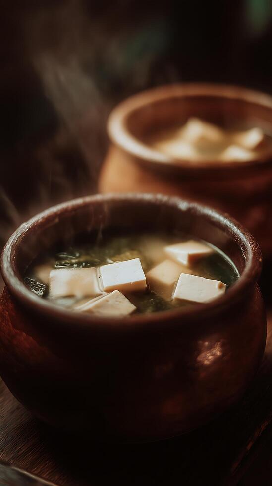 Steaming Bowl of Tofu Soup A Close Up Image of a Delicious and Aromatic Asian Dish. photo