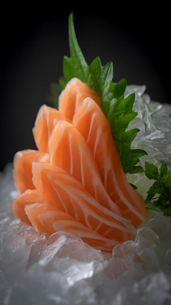Close up of Fresh Salmon Sashimi on Ice. A delectable arrangement of salmon slices, garnished with green leaves, ready to be served. photo