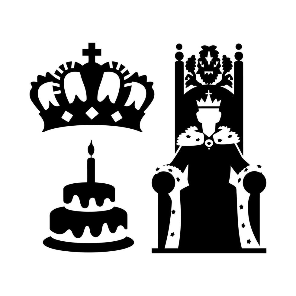 Royal celebration icons crown throne and birthday cake with candle vector