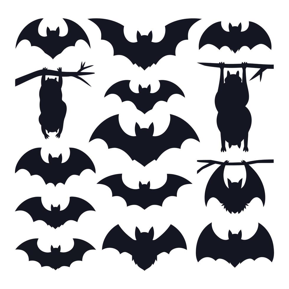Collection of black bat silhouettes in various poses and flying positions vector