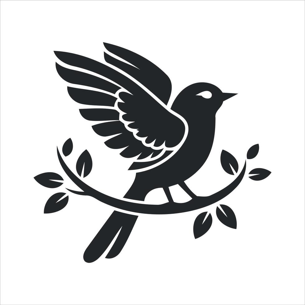 Stylized silhouette of a bird perched on a leafy branch vector