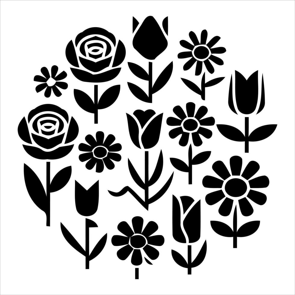 Collection of stylized black flowers and tulips arranged in a circular pattern vector