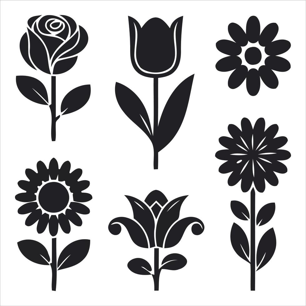 Collection of stylized black flower silhouettes on a white background vector
