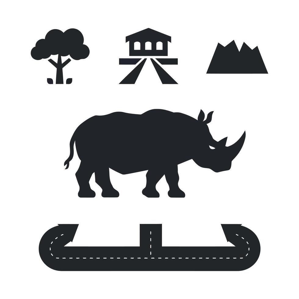 Rhino and road icons representing nature buildings mountains and travel vector