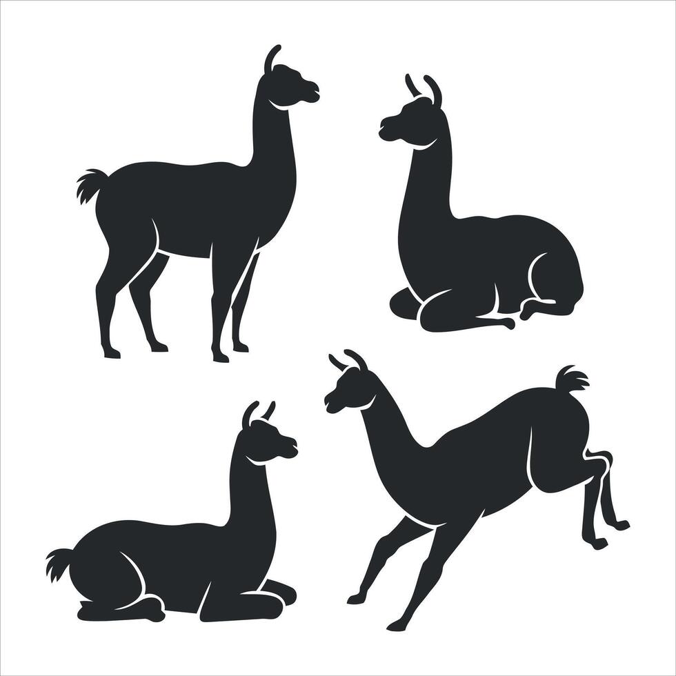 Four black silhouette llamas in different poses on white background vector