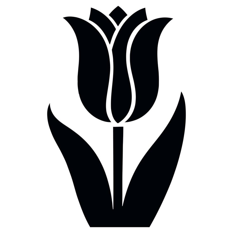 Simple black silhouette of a tulip flower with two leaves vector