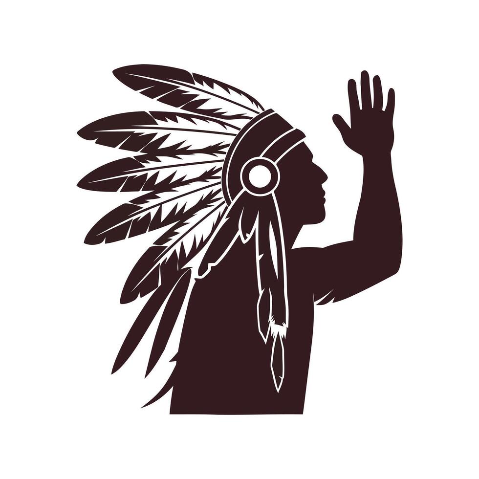 Silhouette of a native american man wearing a feathered headdress and raising his hand vector