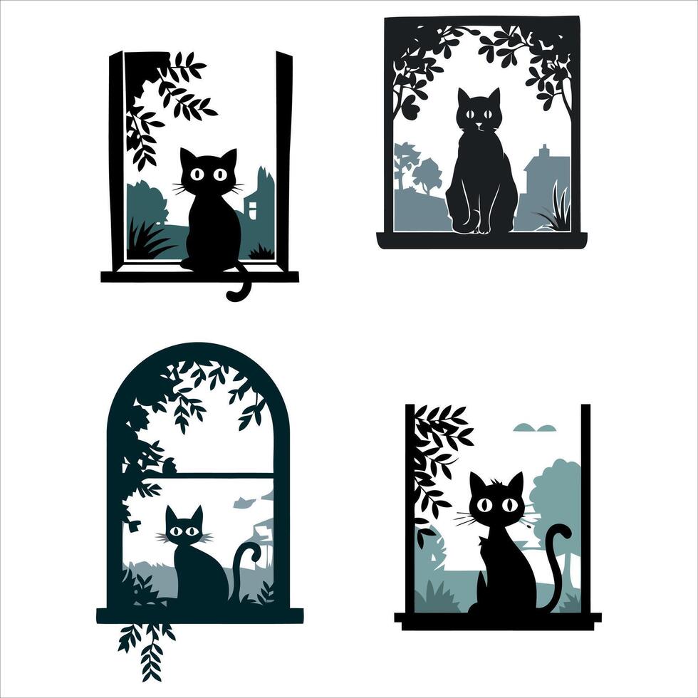 Four silhouettes of black cats sitting in windows with foliage and houses vector