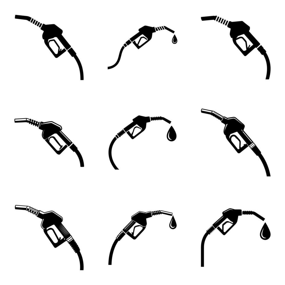Collection of black and white icons featuring fuel nozzles and dripping fuel vector
