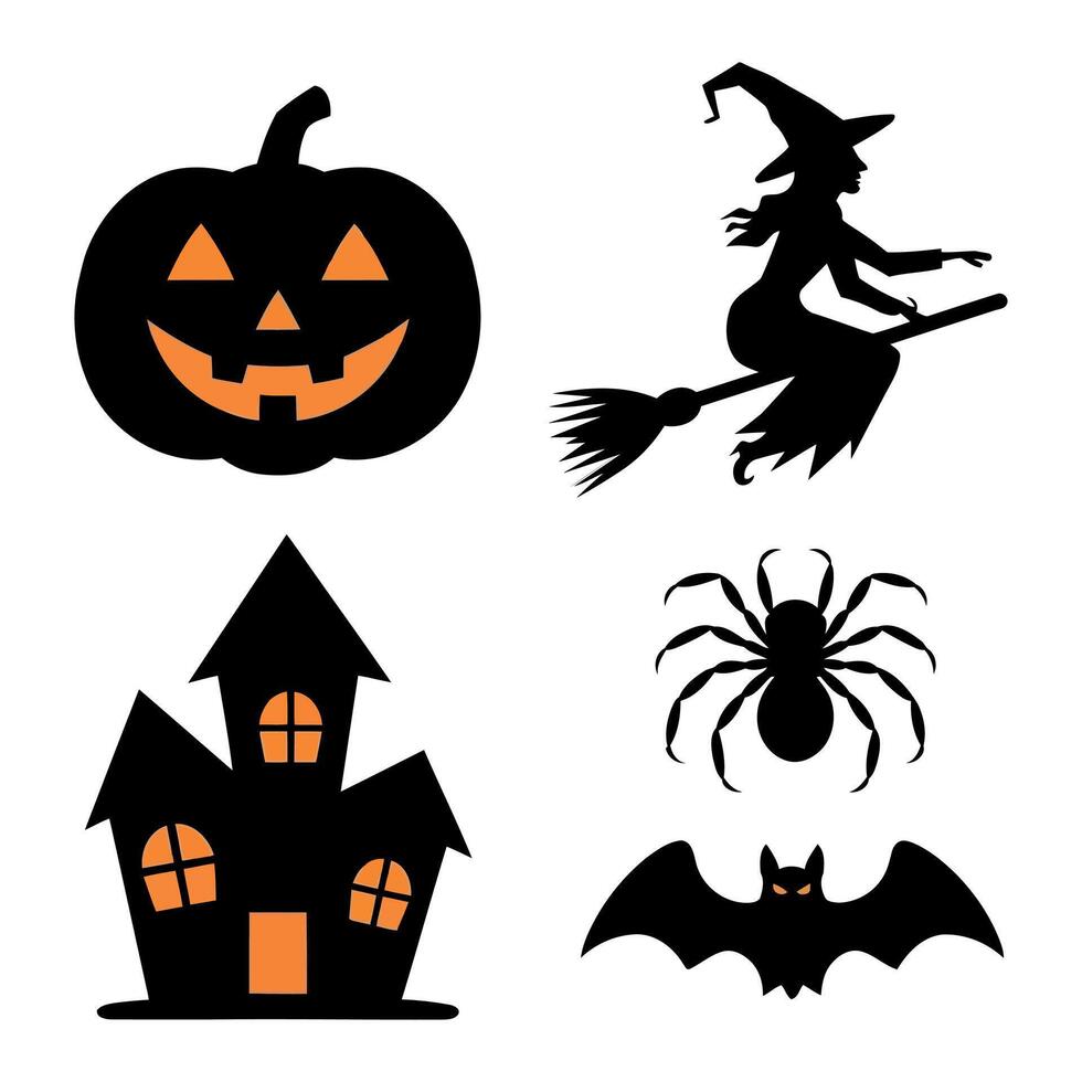 Classic halloween icons featuring a pumpkin witch spider and haunted house vector
