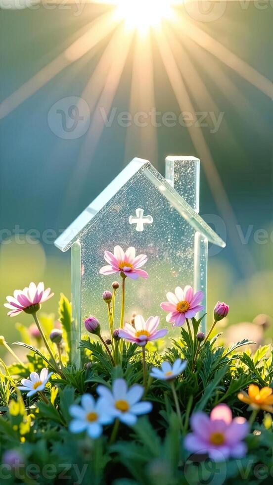 A house with flowers and sun shining through it photo