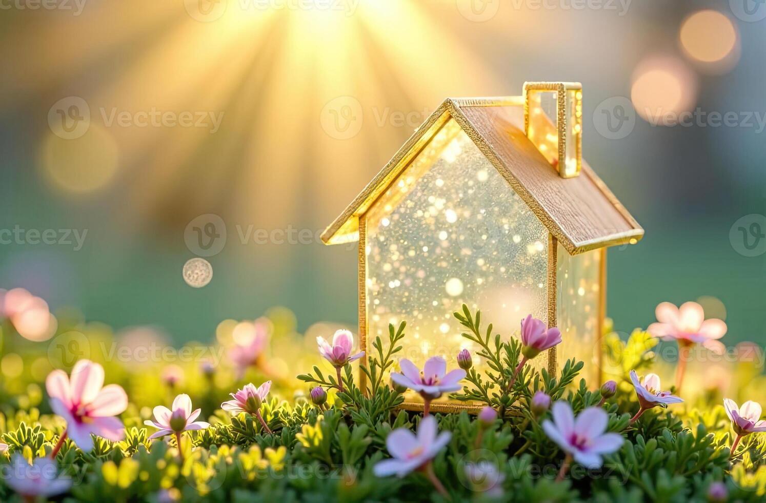 House in the garden with sun shining through the window photo
