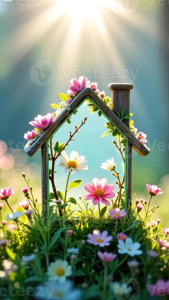 A house with flowers and a sun shining through the window photo