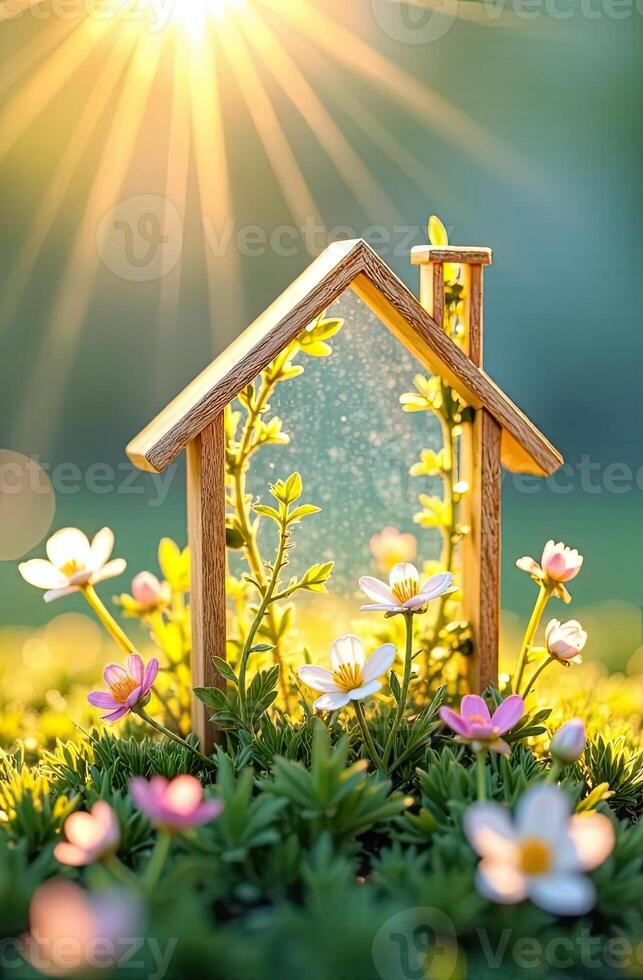 A miniature house with flowers and sun shining through it photo