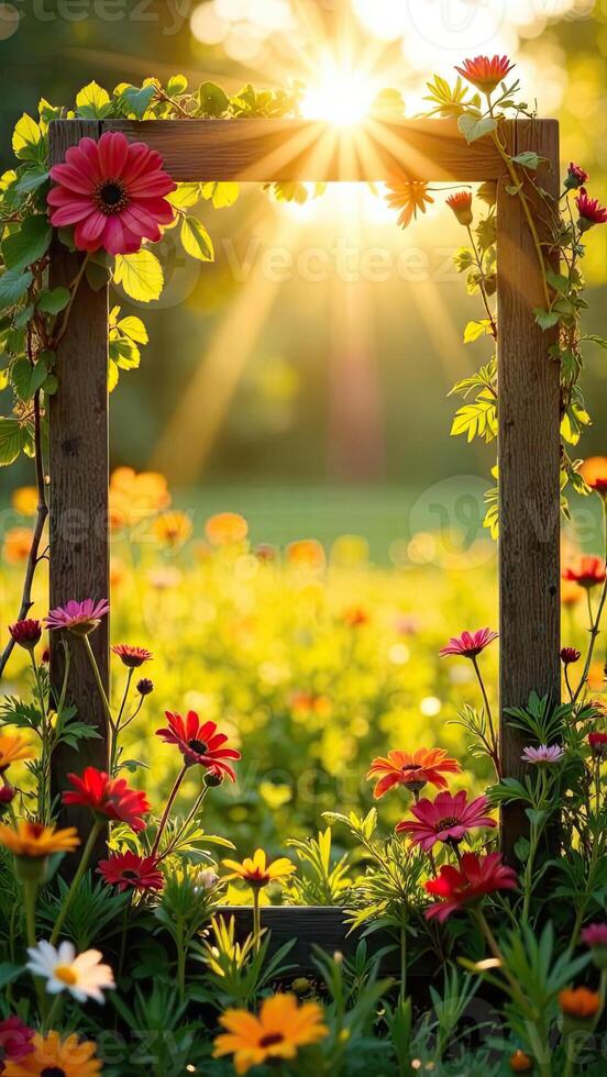 A frame with flowers and sunbeams photo
