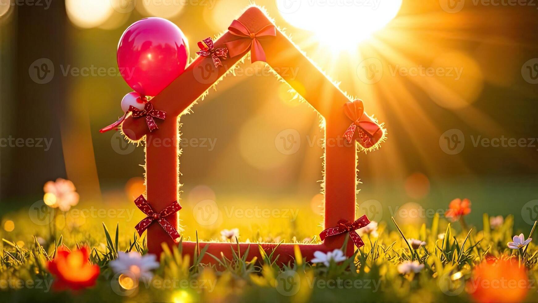 A house with balloons and a red ribbon on it photo
