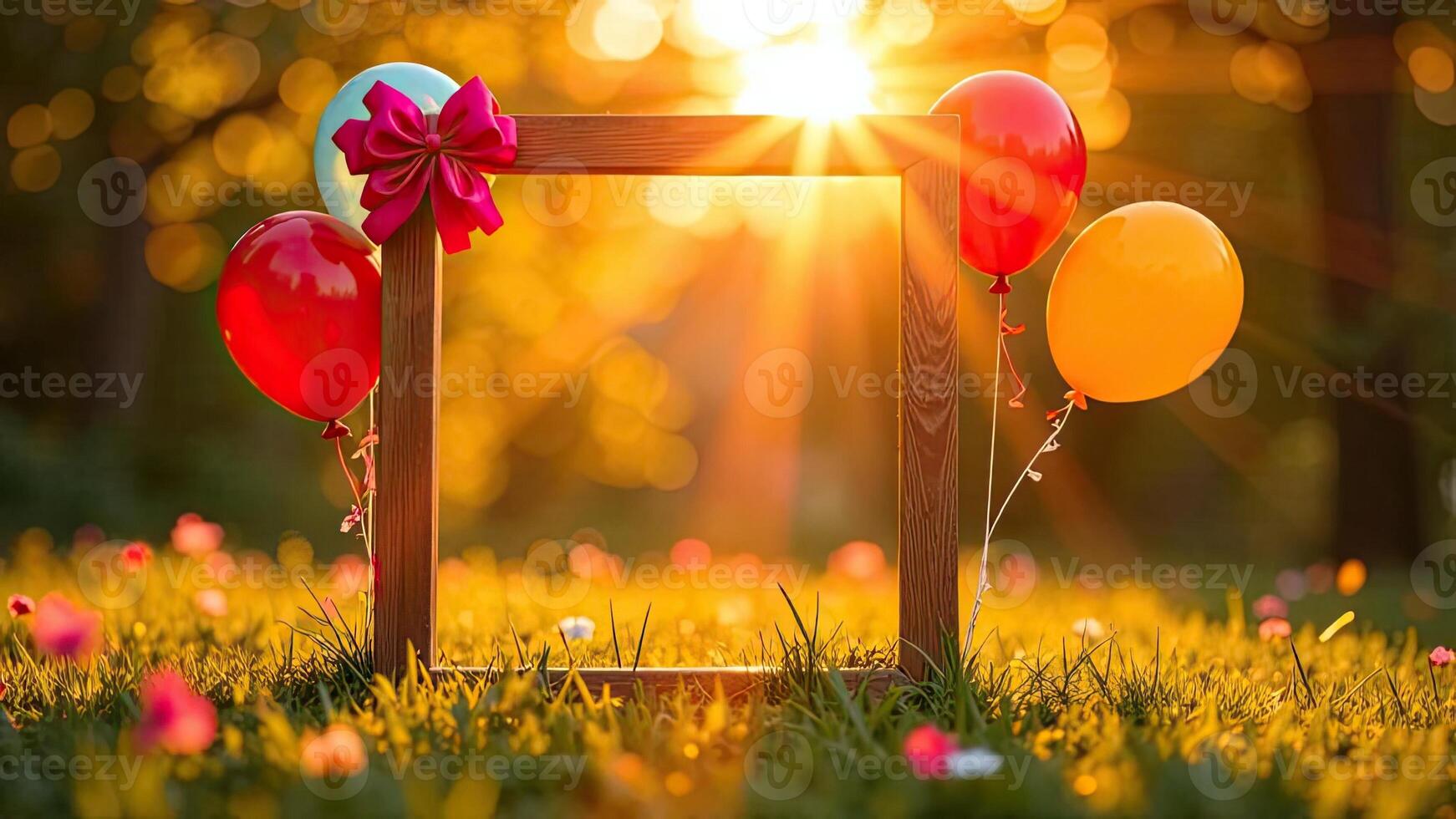 A frame with balloons and a ribbon on the grass photo