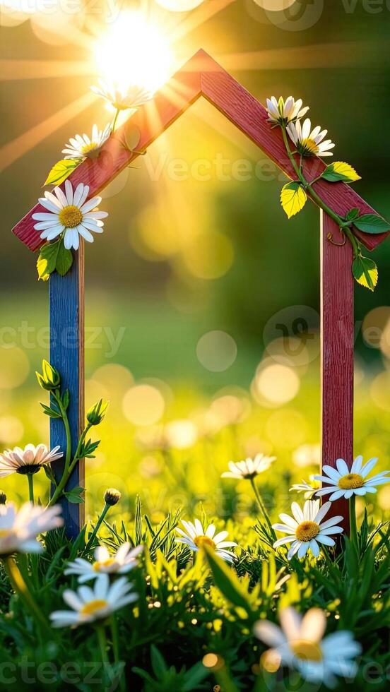 A house with daisies and sun in the background photo
