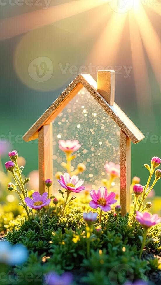 A miniature house with flowers and grass in the sun photo
