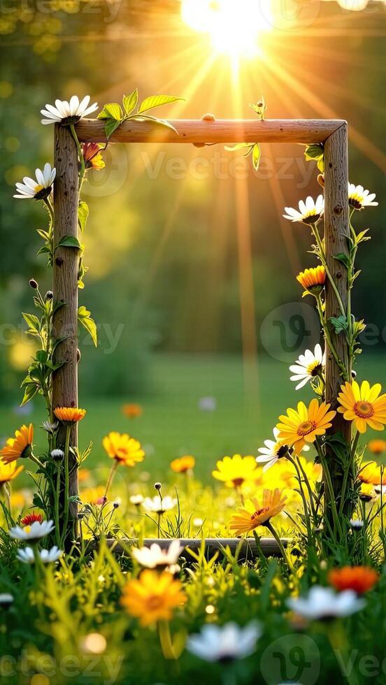 A frame with flowers and sun in the background photo