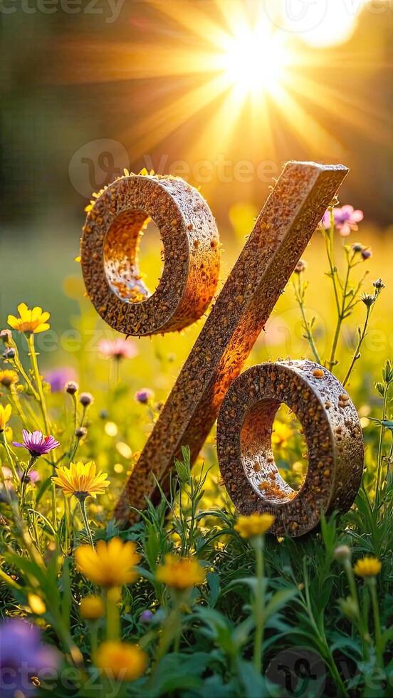 Golden percentage sign in the field with sun photo