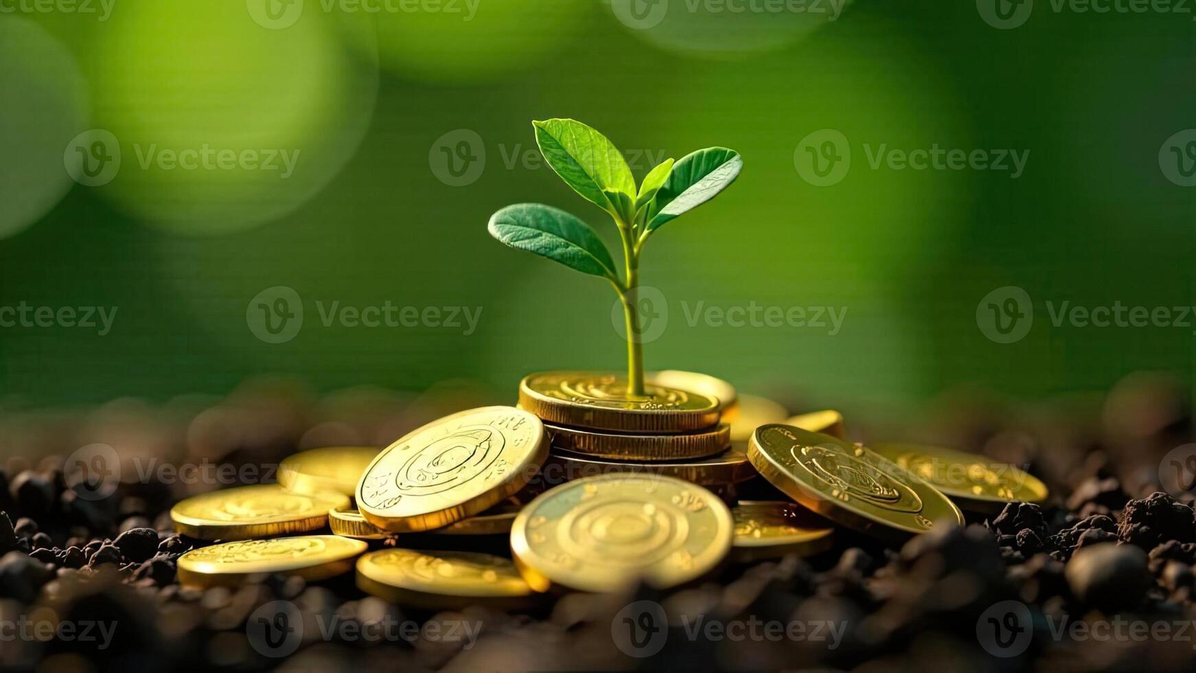 Gold coins and plant on green background photo
