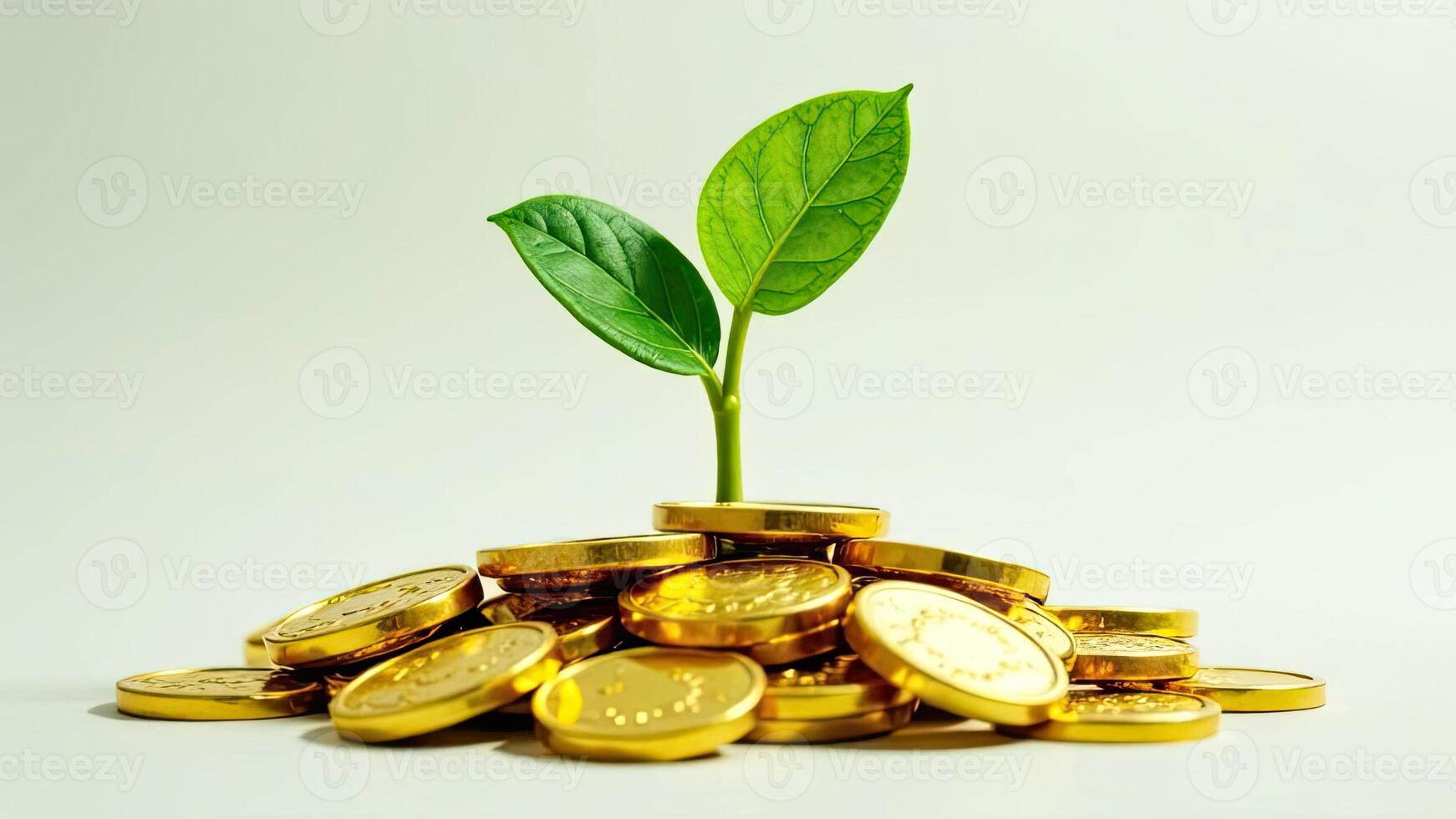 Gold coins and plant with copy space photo